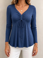 Women V‑Neck Drawstring Ruched Long Sleeve Ribbed Knit Peplum Top