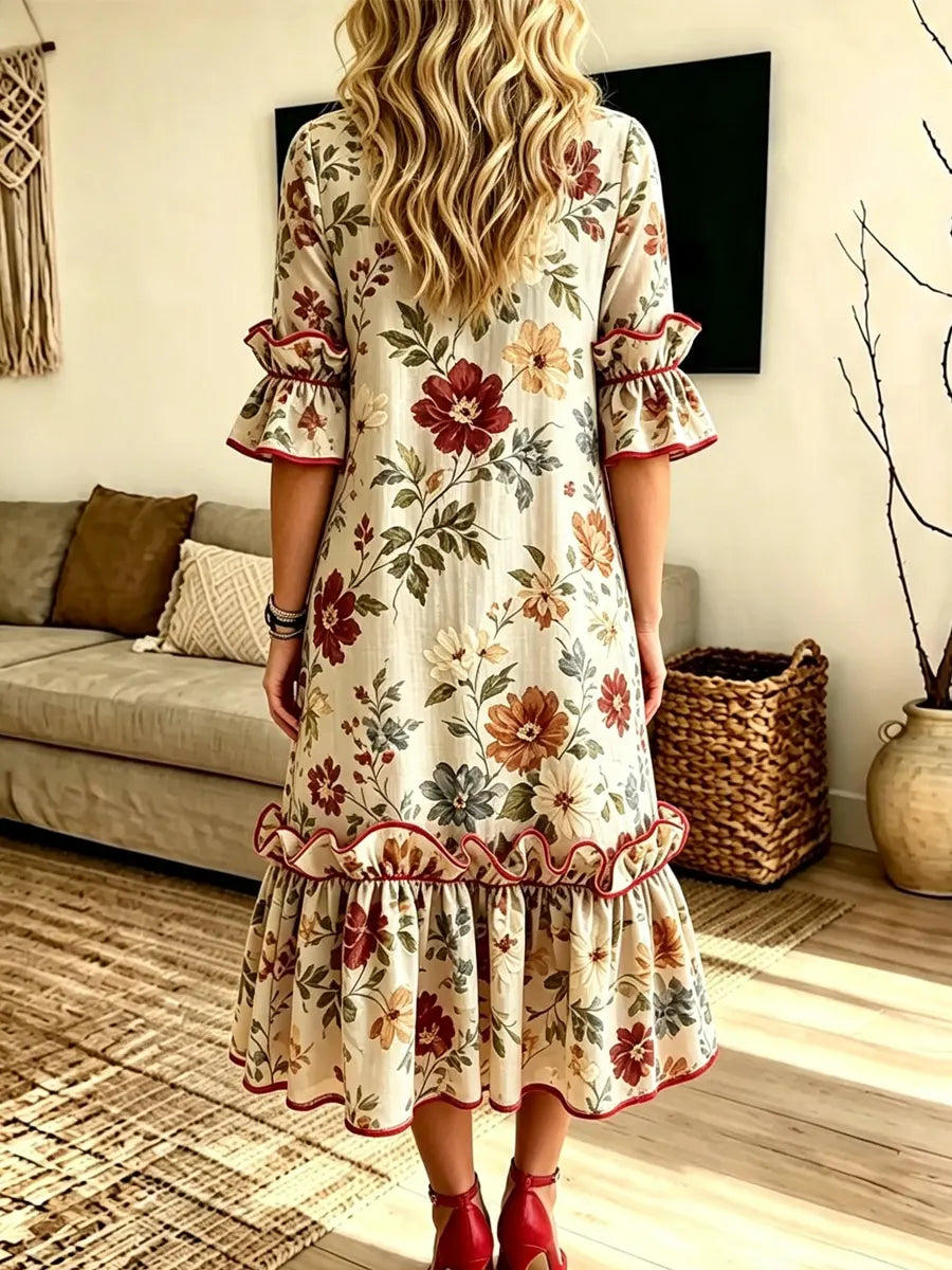 Retro Leopard Patchwork Pattern Art Print Casual Ruffle Stylish Cotton Linen Dress