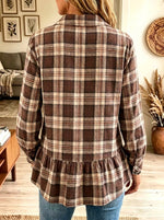 Women's Plaid Ruffled Hem Button-Down Flannel Shirt