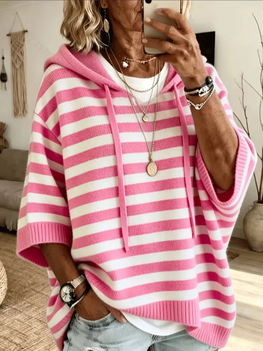 Retro Stripe Pattern Art Hooded Casual Stylish Knitted Top
