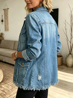 Women's Frayed Raw Hem Double-Breasted Denim Blazer