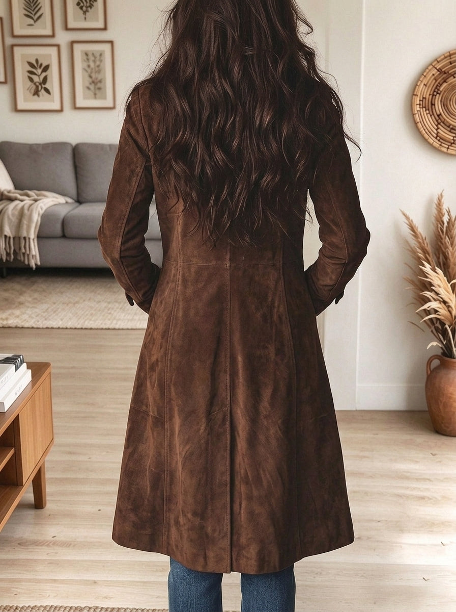 Women's Classic Brown Suede Long Trench Coat With Lapel Collar