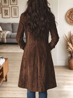 Women's Classic Brown Suede Long Trench Coat With Lapel Collar