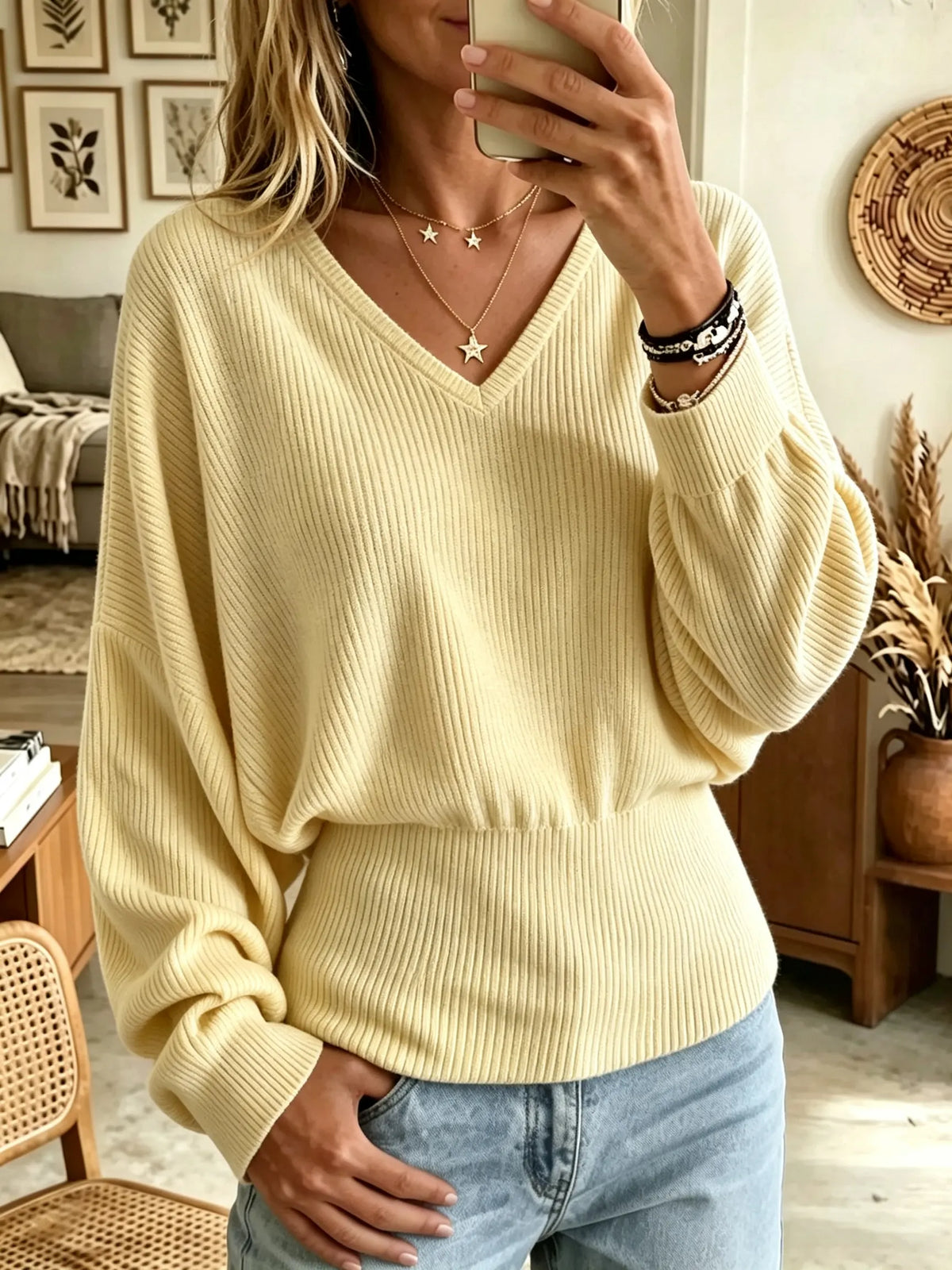 Women's Batwing Sleeve Fitted Waist Ribbed Sweater