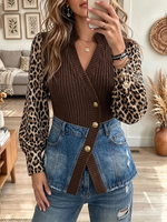 Vintage Elegant Knitting Patchwork Denim Leopard Print Jacket