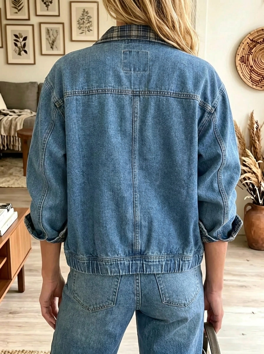 Women's Plaid Lined Full-Zip Denim Bomber Jacket