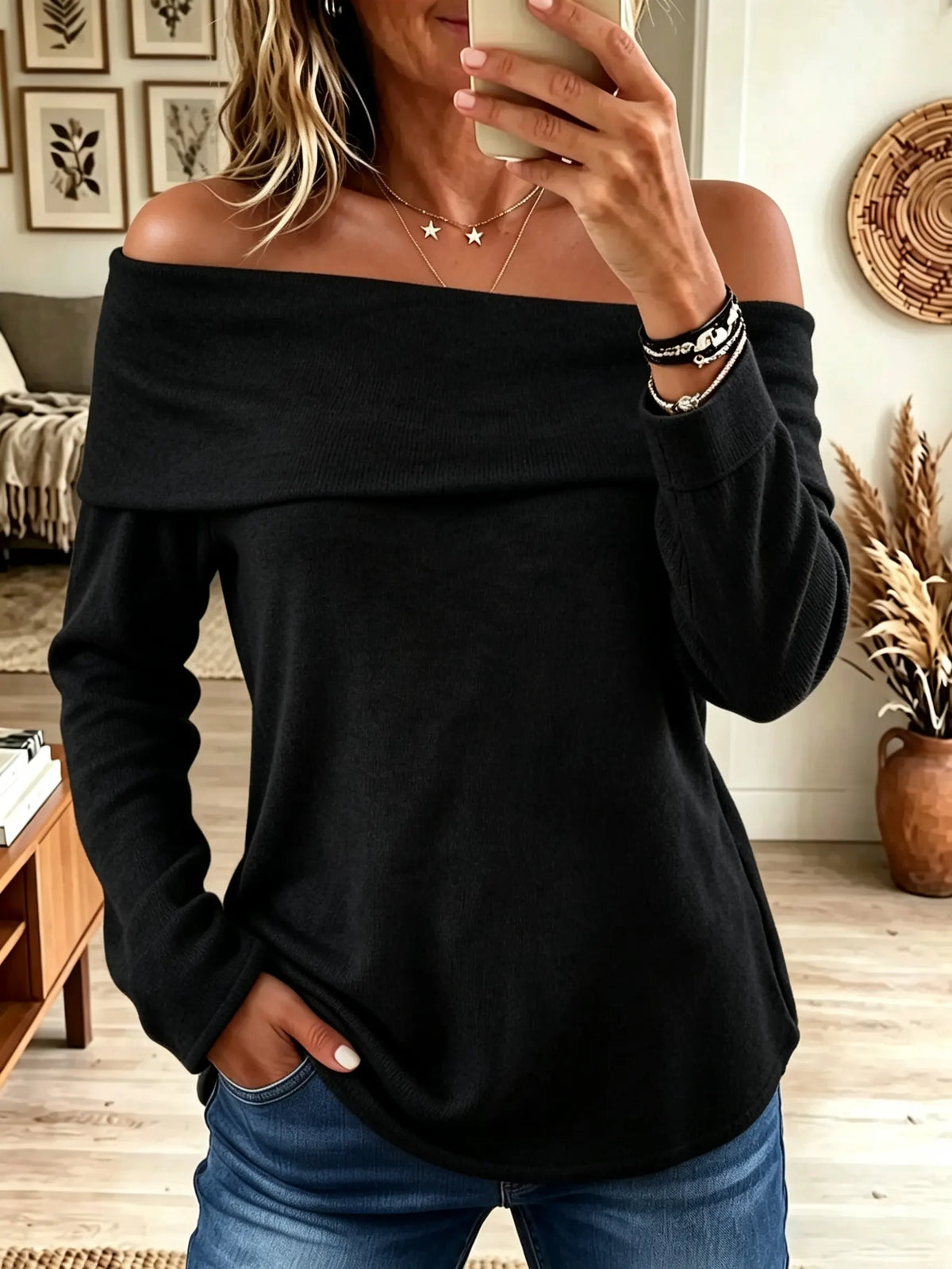 Women's Off-the-Shoulder Foldover Knit Sweater