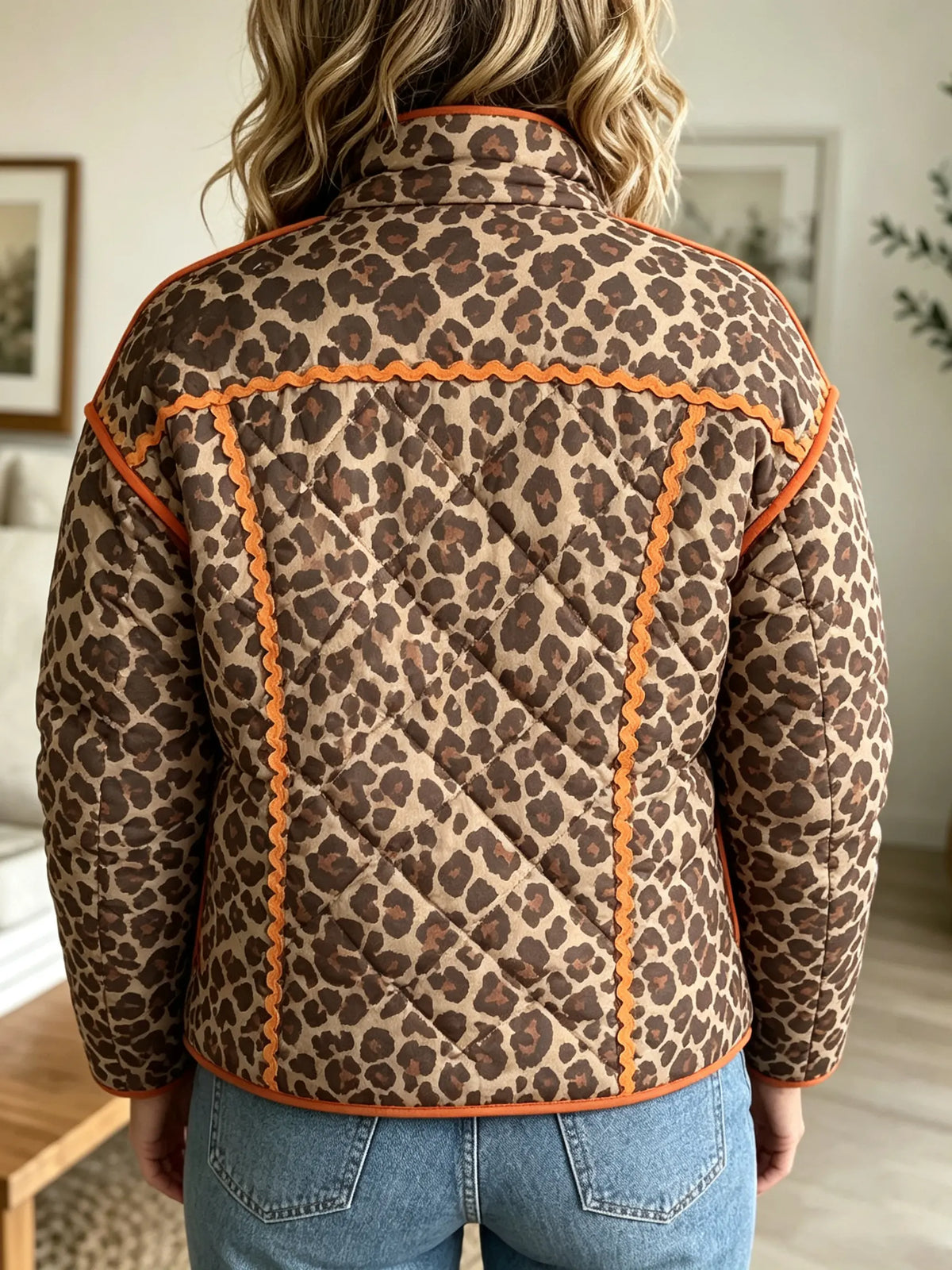 Women's Quilted Leopard Jacket with Ric-Rac Trim