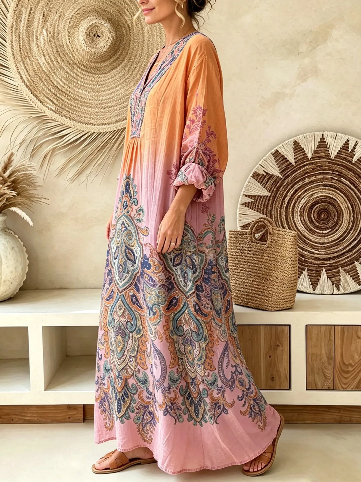 Women Gradient Orange Pink Paisley V-Neck Loose 3/4 Sleeve Maxi Dress