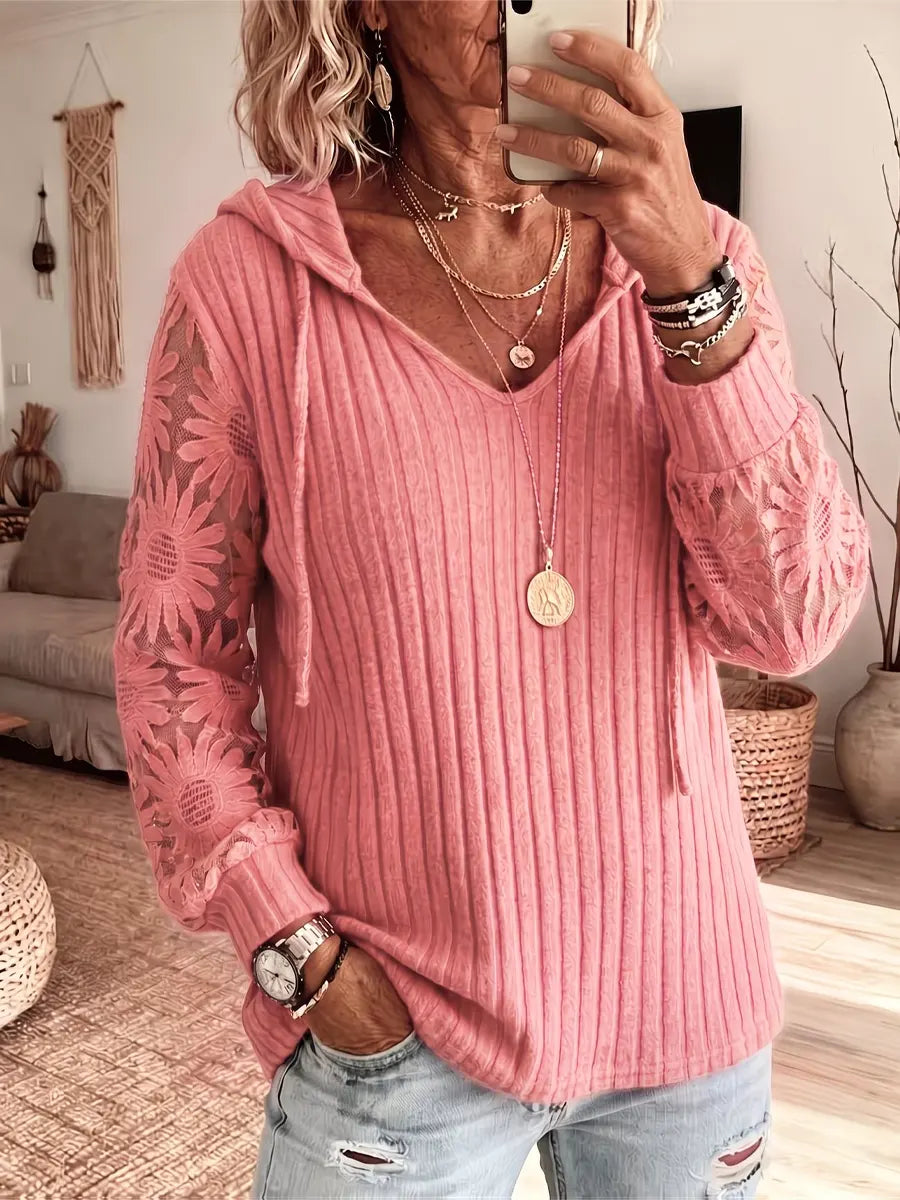 Retro Elegant Lace Hollow Patchwork Hooded Casual Long Sleeve Top