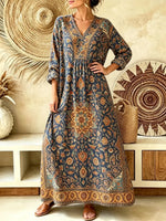 Retro Ethnic Floral Pattern Art Print Casual V-neck Cotton Linen Maxi Dress