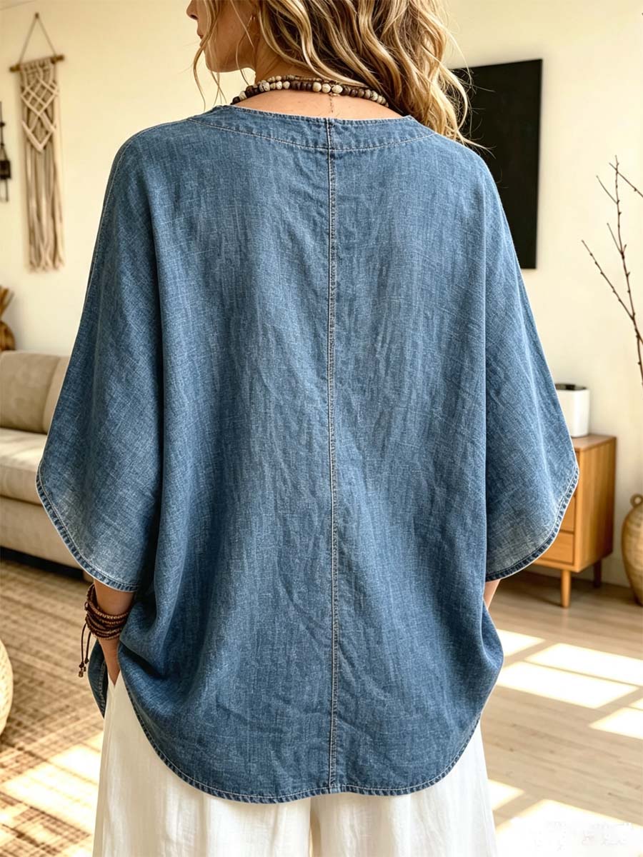 Retro Round Collar Art Casual Stylish Short Sleeve Denim Shirt