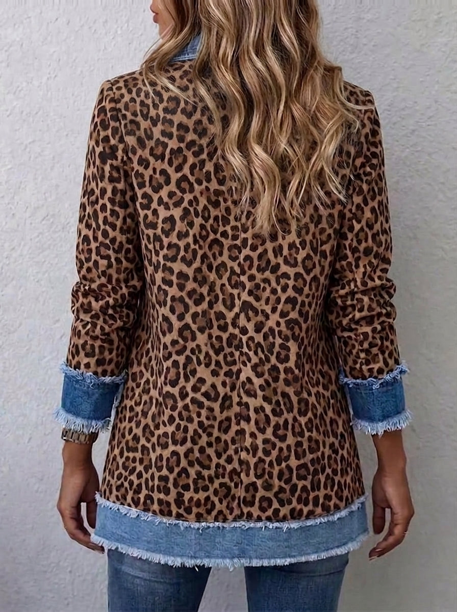 Women Leopard Print Denim Spliced Frayed Blazer Lapel Open Front Jacket With Pockets