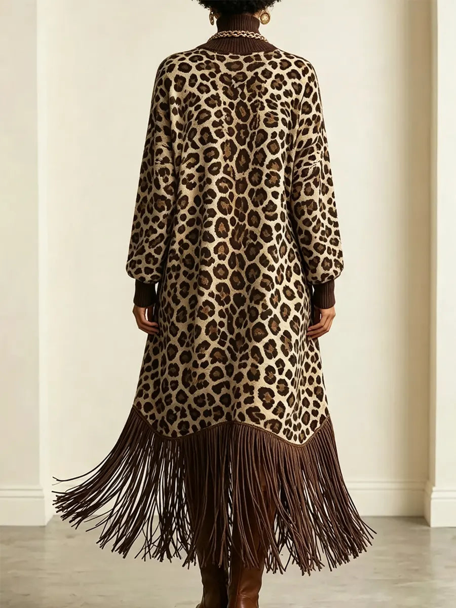 Retro Leopard Pattern Tassel Patchwork Art Print Casual Stylish Long Sleeve Dress