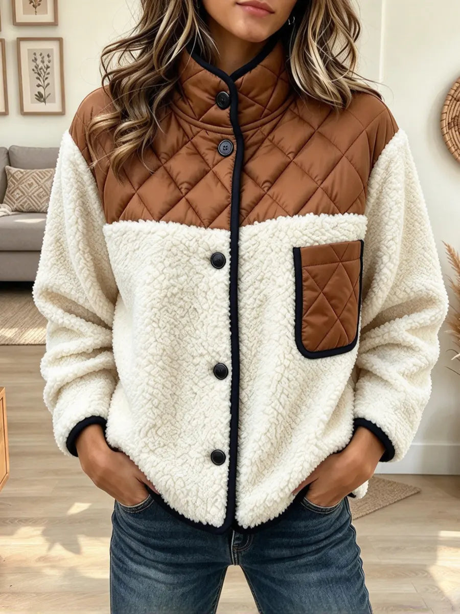 Retro Chic Color-block Quilted Art Casual Stylish Sherpa Long Sleeve Jacket