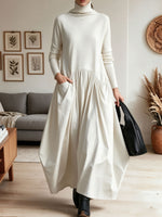 Women Turtleneck Knit Patchwork Maxi Dress, Loose Pleated Flowy Long Dress With Pockets