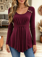 Women's Elegant Scoop Neck Pleated Peplum Long Sleeve Top with Shoulder Buttons