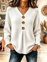 Women's Big Button Pleated V-Neck Knit Sweater