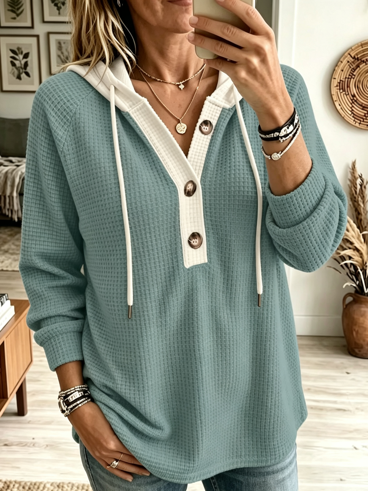 Women's Contrast Trim Waffle Knit Hoodie