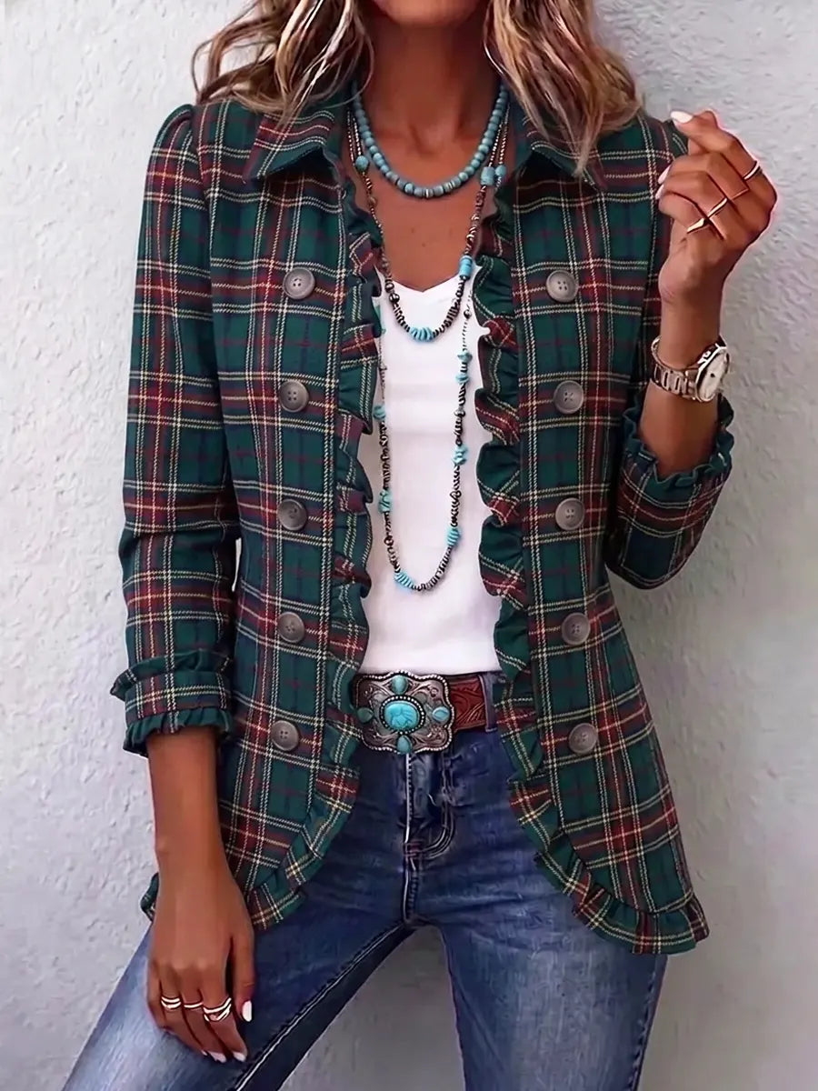 Retro Plaid Pattern Art Print Ruffle Casual Stylish Cotton Lapel Coat