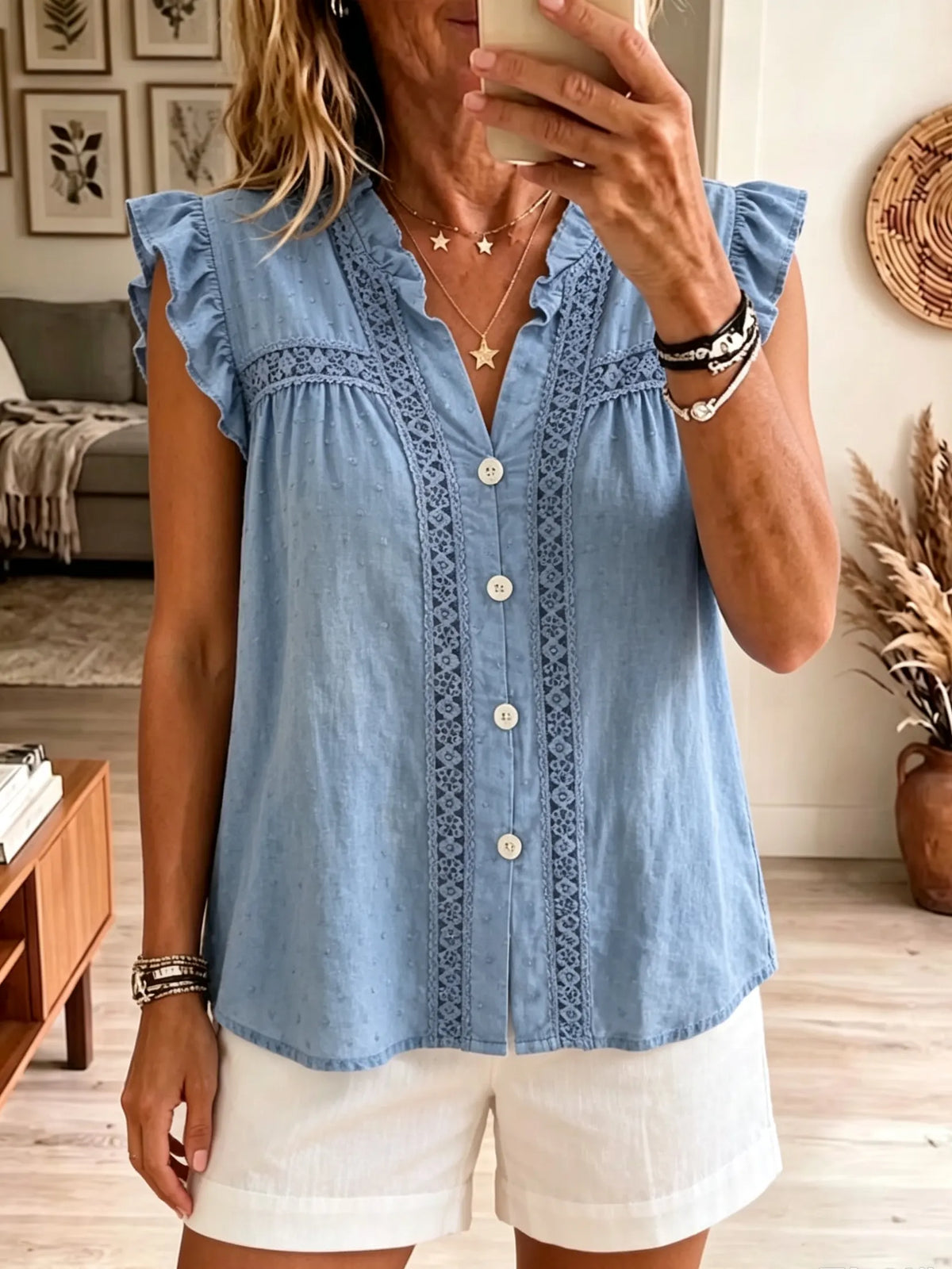 Women's Lace Ruffle Sleeveless Blouse