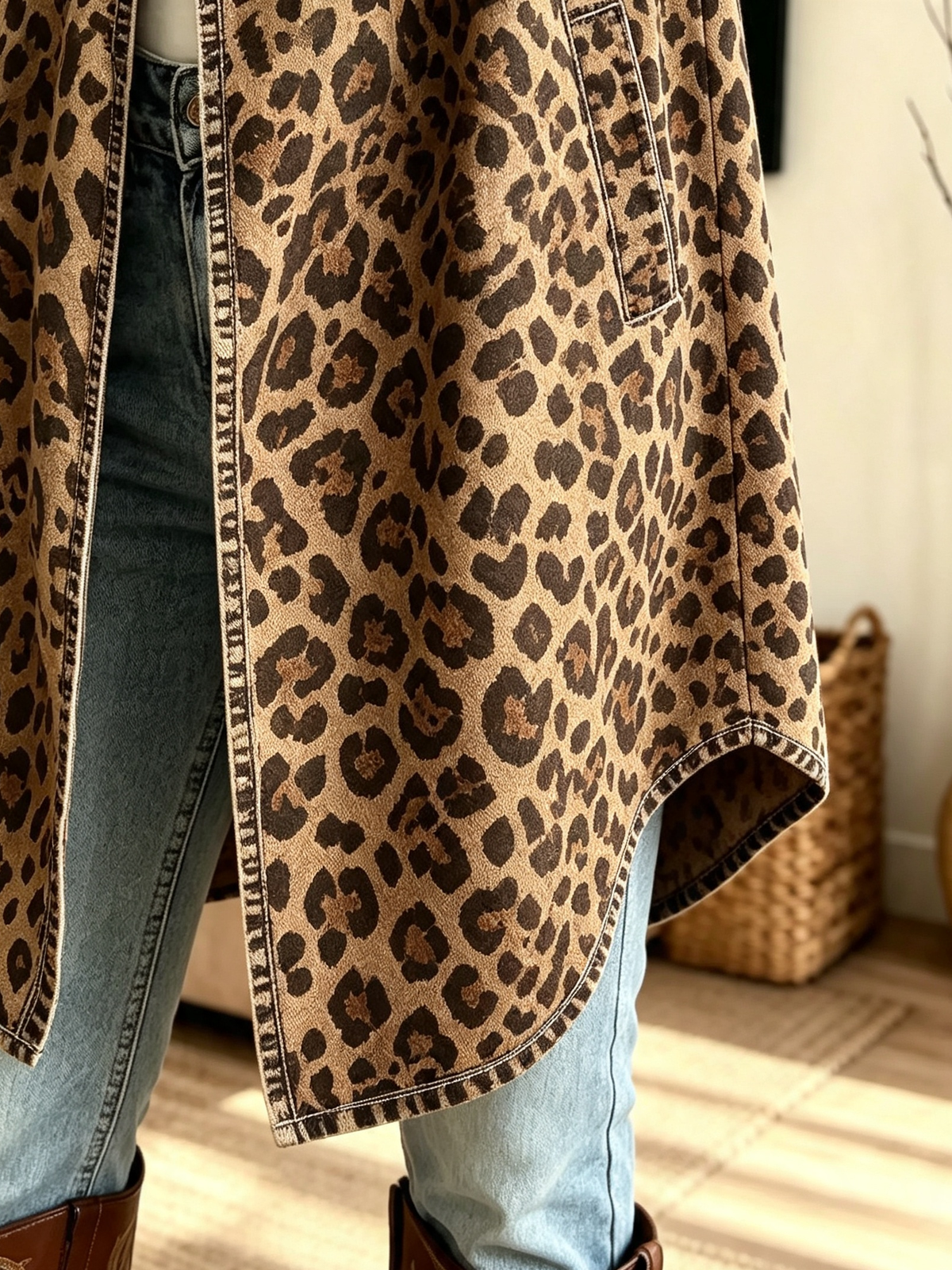 Women's Open-Front Leopard Print Trench Coat