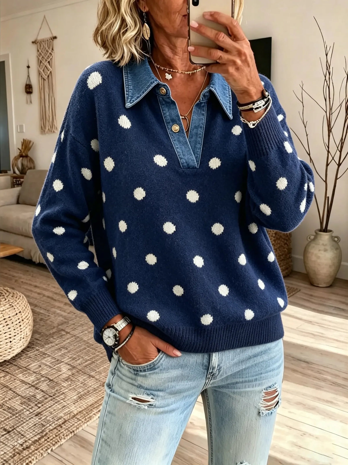 Women Polka Dot Print Denim Collar Fake Two Piece Knit Long Sleeve Top