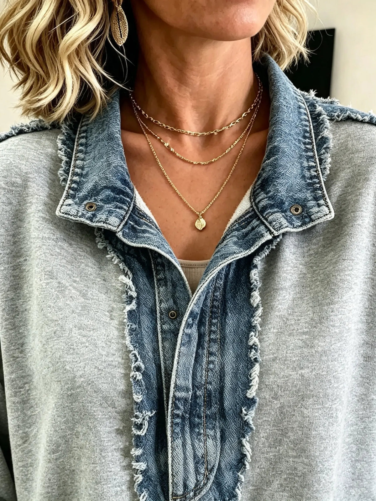 Women's Denim Trimmed Frayed Sweatshirt