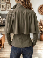 Women's Olive Green Cape-Style Blazer Jacket with Lapel Collar and Ornate Buttons