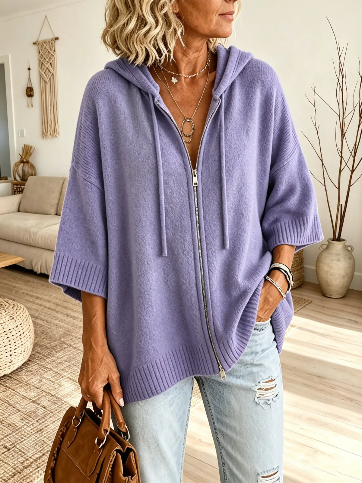 Women Solid Texture 3/4 Sleeve Zip Up Hooded Knit Top
