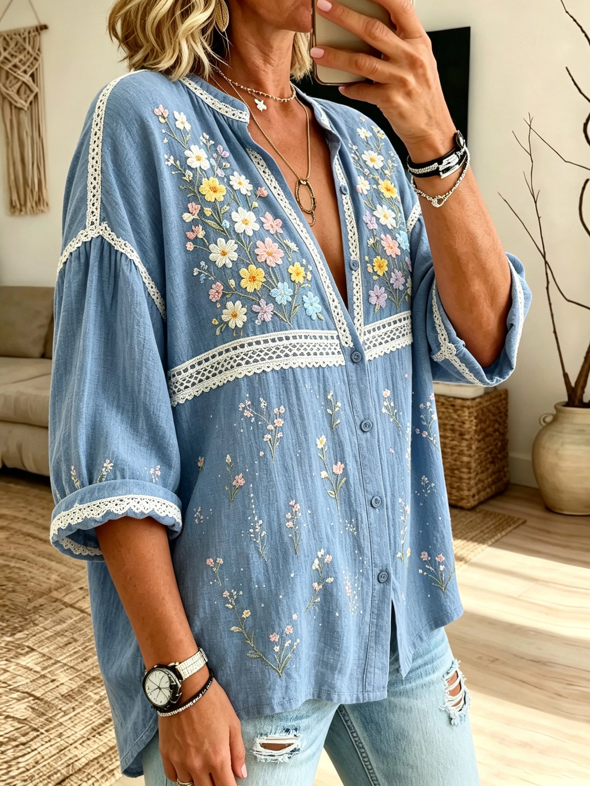 Women's Daisy Floral Print Button-Down Shirt