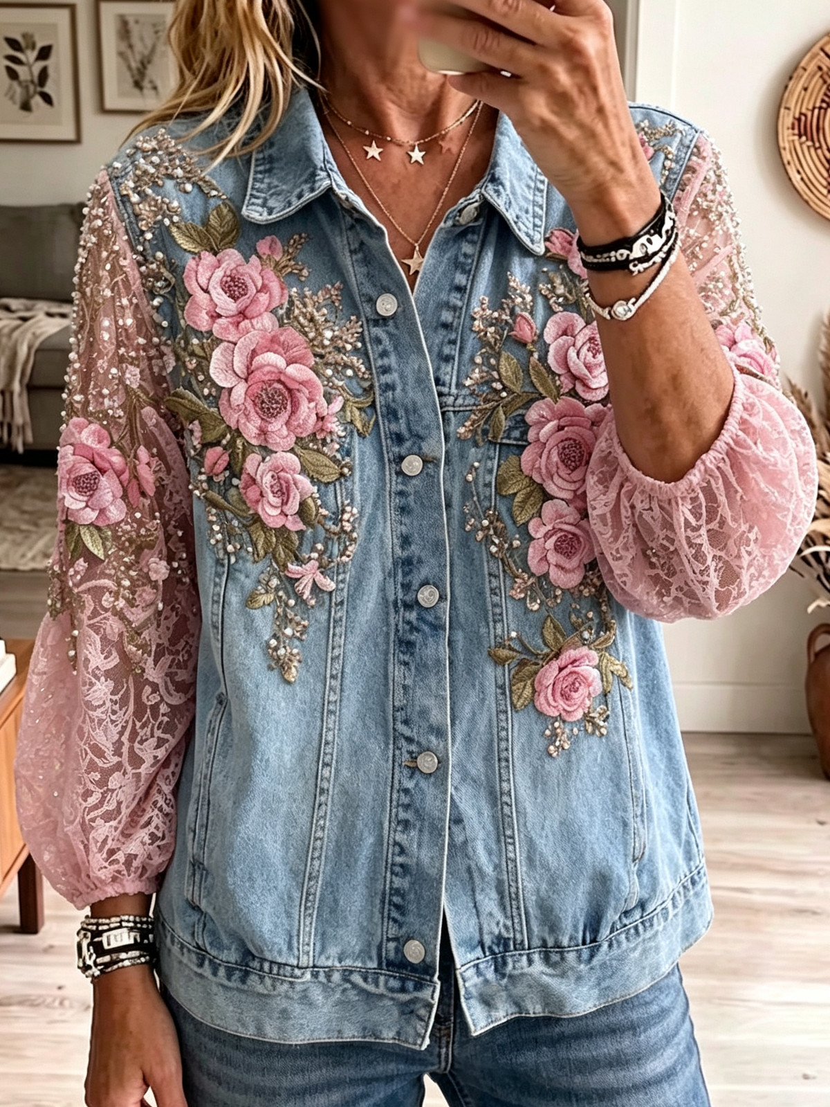 Women's Floral Lace Sleeve Denim Jacket