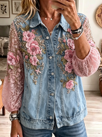 Women's Floral Lace Sleeve Denim Jacket