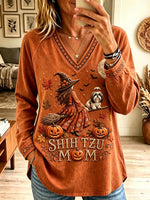 Women's Shih Tzu Mom Autumn Witch Long-Sleeve T-Shirt