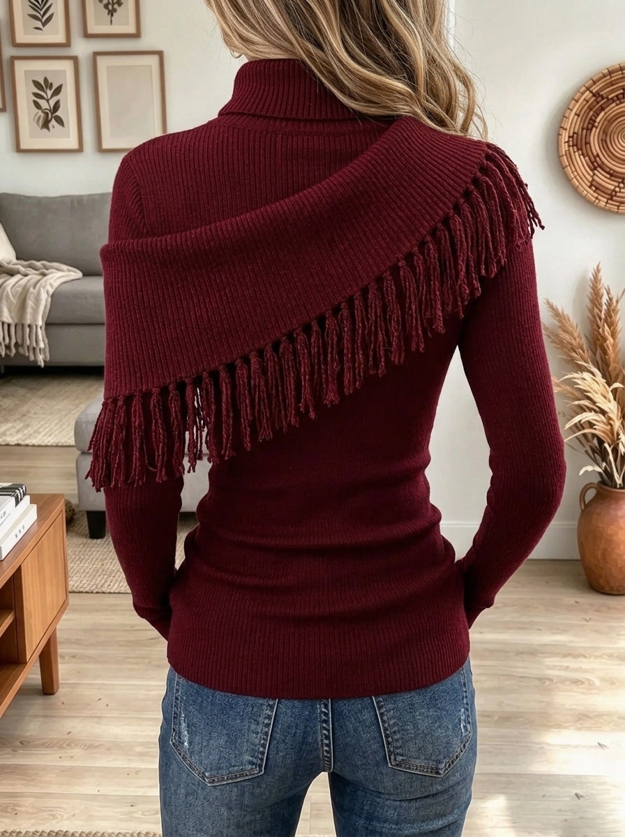 Women's Fringe Trim Turtleneck Knit Top