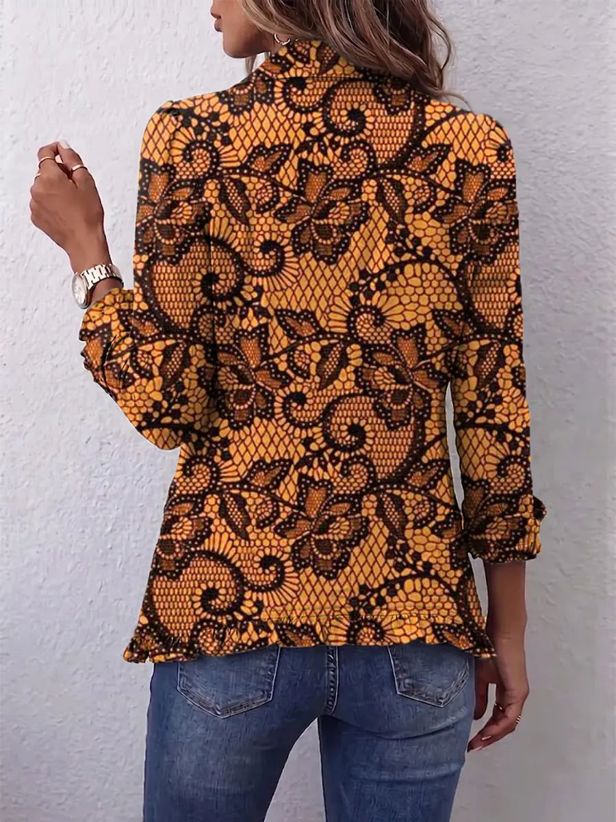 Retro Floral Pattern Art Print Ruffle Casual Stylish Cotton Lapel Coat