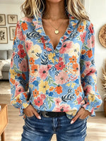Vintage Floral Pattern Art Casual Stylish Long Sleeve Cotton Linen Shirt