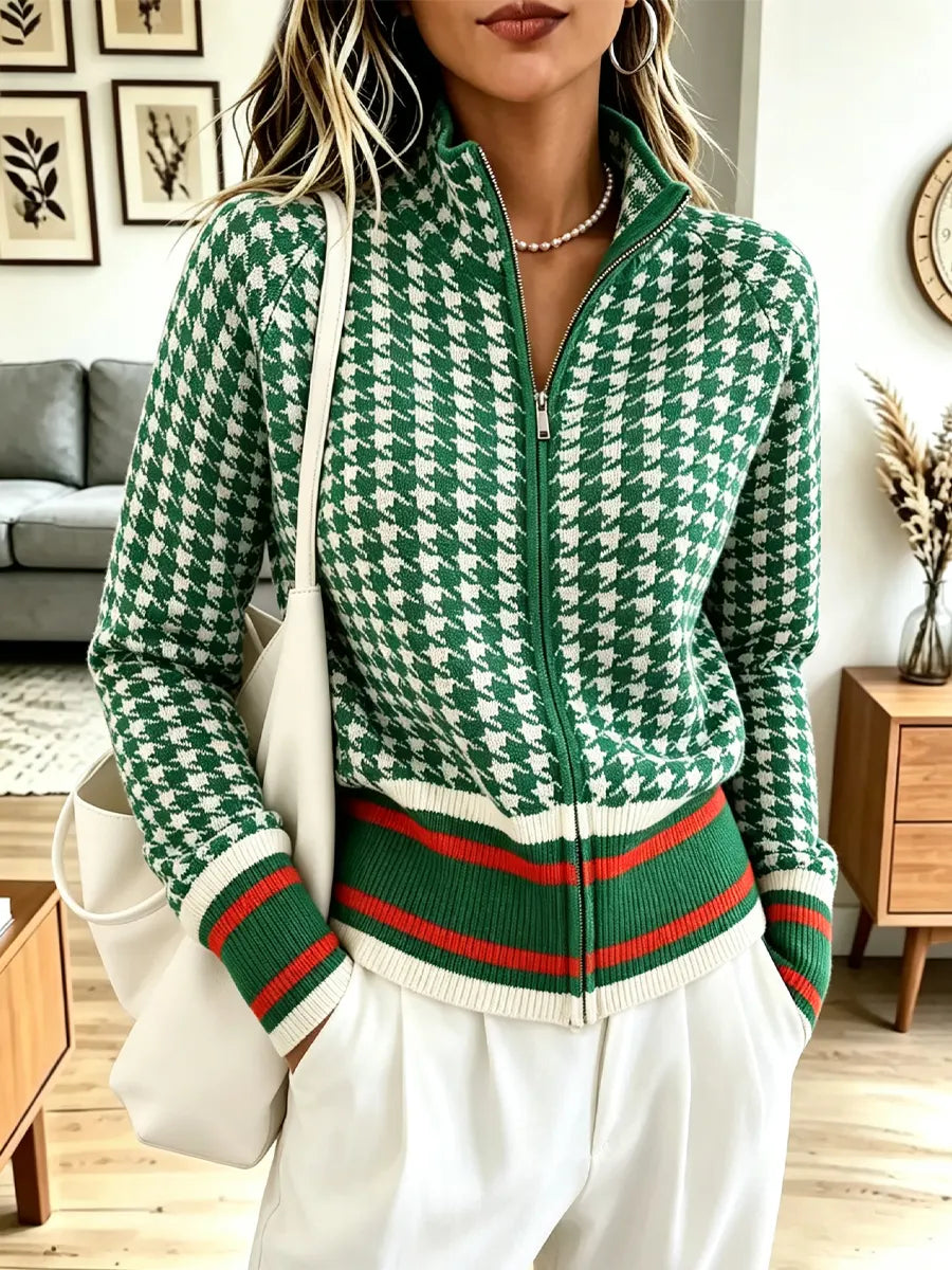 Retro Plaid Pattern Zip Knit Lapel Art Casual Stylish Long Sleeve Cardigan Sweater Coat