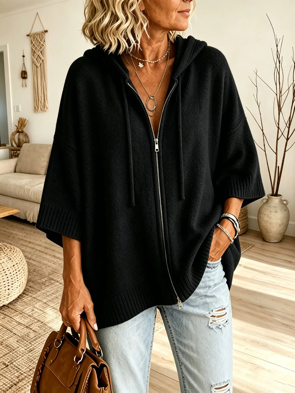 Women Solid Texture 3/4 Sleeve Zip Up Hooded Knit Top