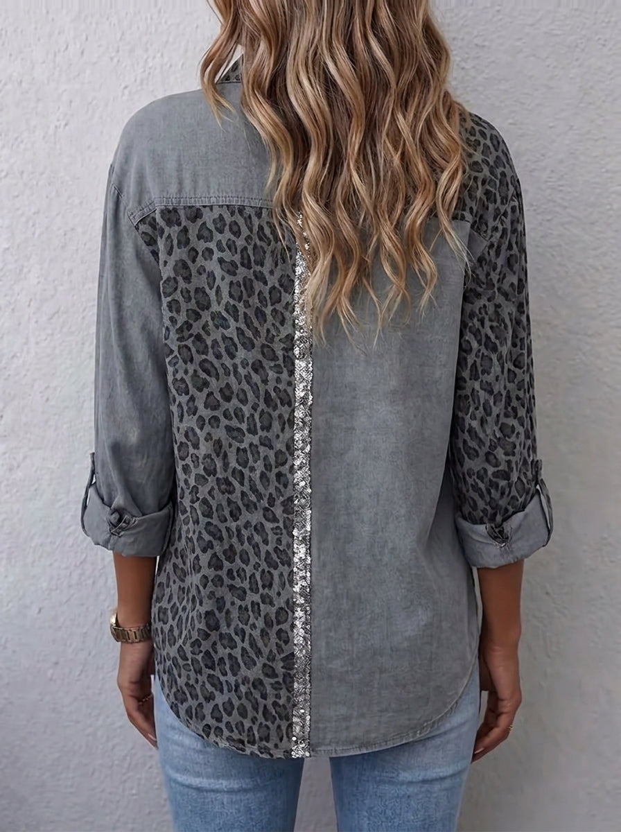 Women Leopard Color Block Sequin Trim Button Down Shirt Long Sleeve Collared Blouse With Pocket