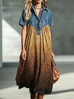 Retro Floral Pattern Art Print Casual Stylish Lapel Denim Patchwork Dress
