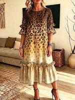 Retro Leopard Pattern Art Print Casual Ruffle Stylish Cotton Linen Dress