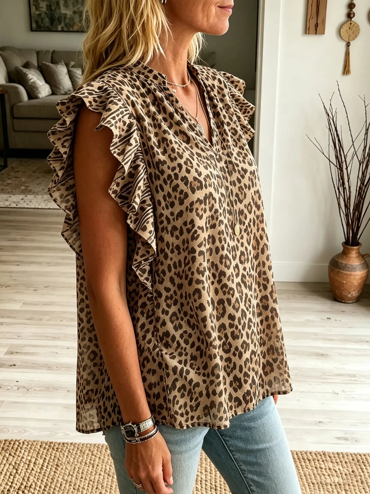 Women's Layered Ruffle Sleeve Leopard Print Blouse