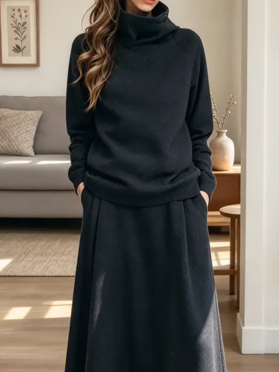 Vintage Chic Turtleneck Art Casual Stylish Long Sleeve Top And Skirt Two-piece Suit