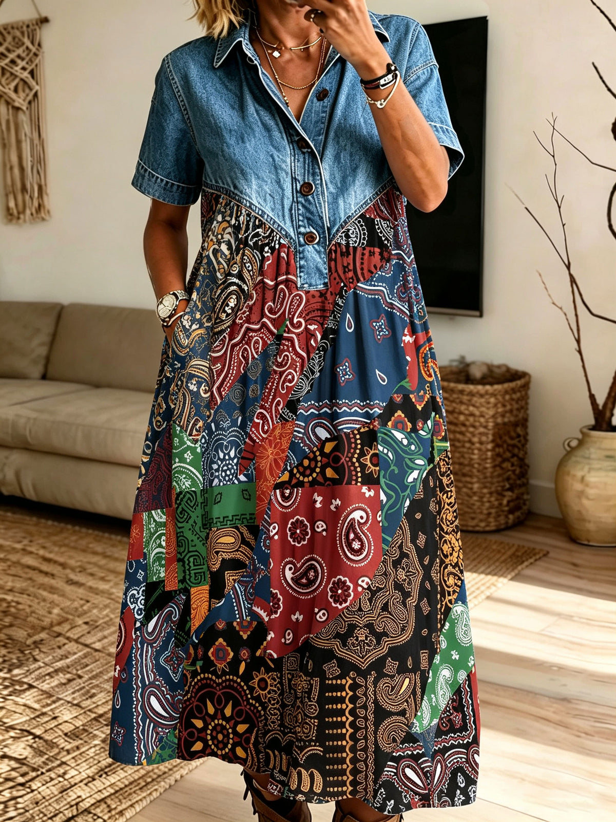 Women Denim Patchwork Paisley Midi Dress Collared Short Sleeve Button Loose Boho Dress