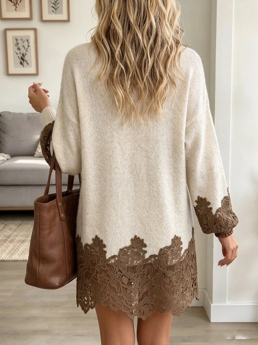 Women's Lace Trim V-Neck Sweater Dress