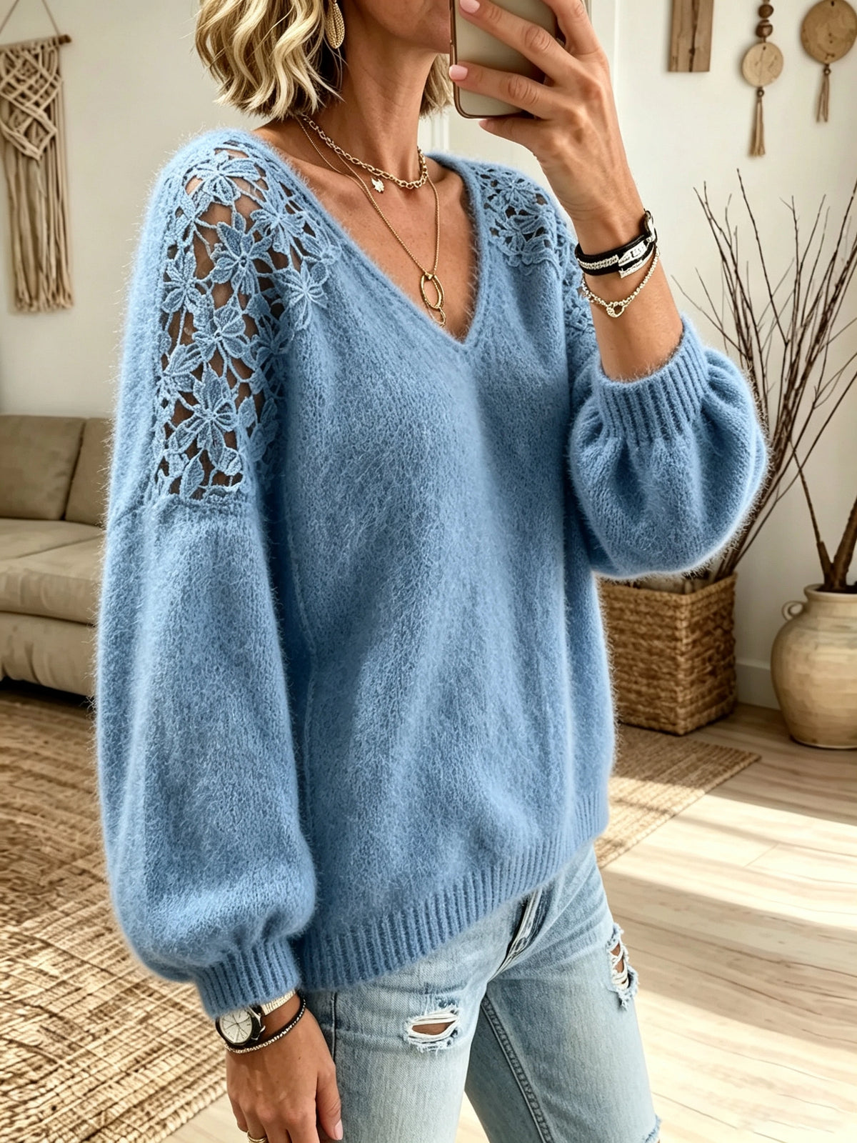 Women's V-Neck Crochet Sweater