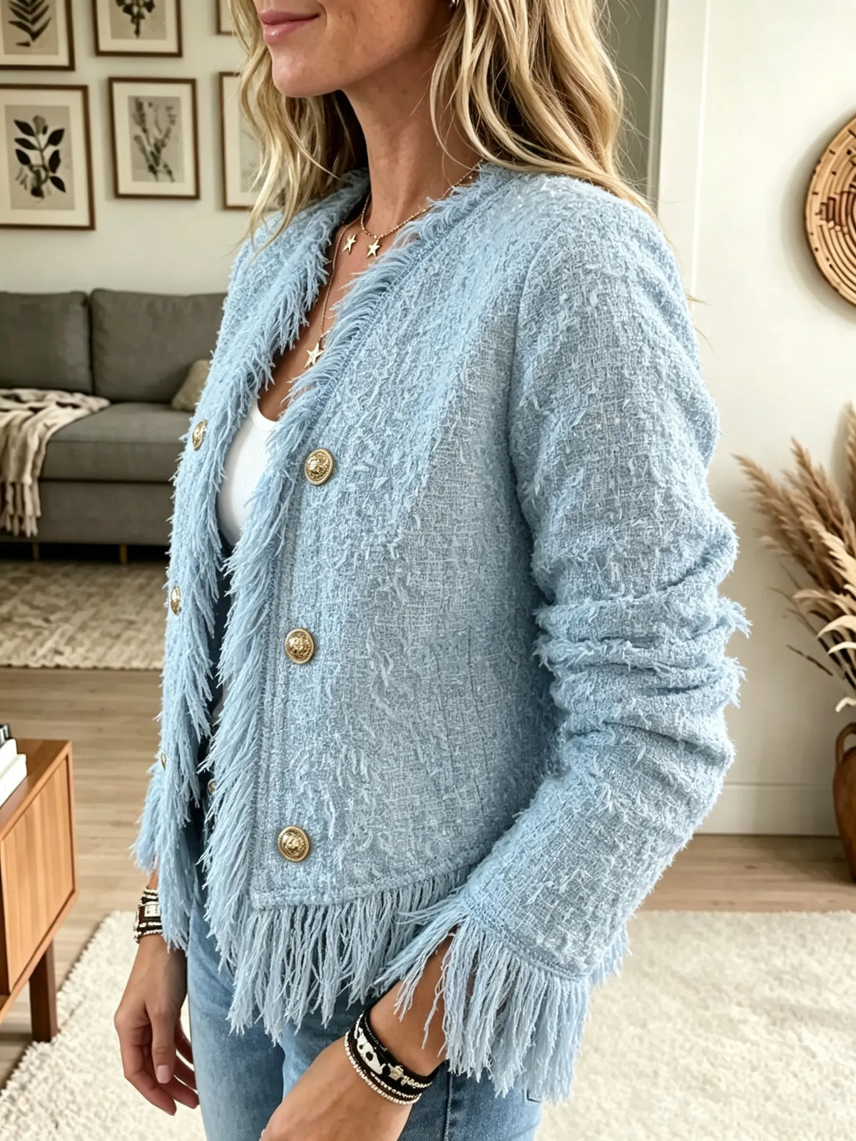 Women's Double-Breasted Fringe Tweed Jacket