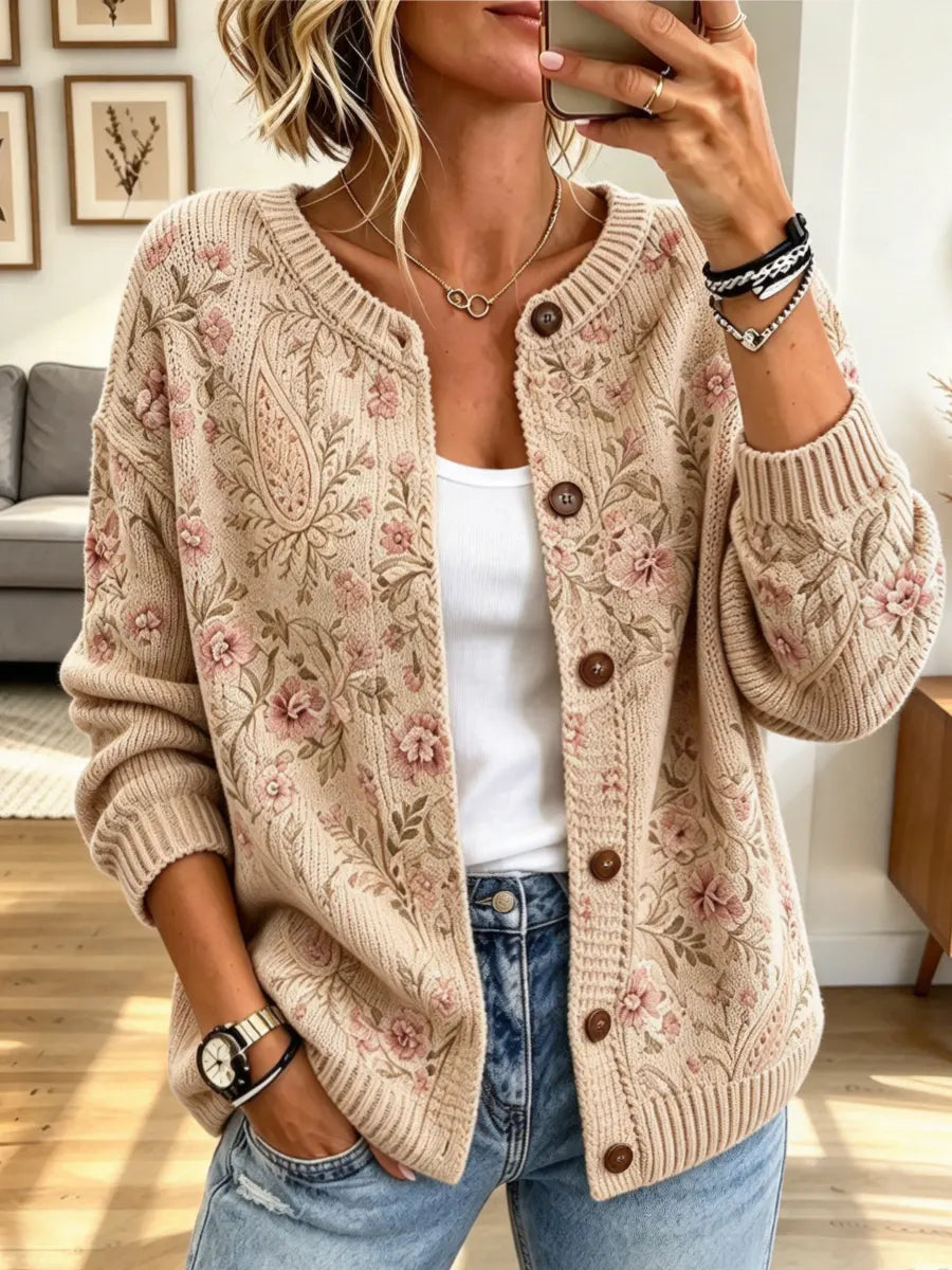 Vintage Floral Pattern Knitted Art Casual Stylish Long Sleeve Cardigan Sweater