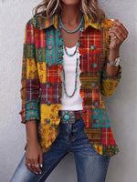 Retro Floral Patchwork Pattern Art Print Ruffle Casual Stylish Cotton Lapel Coat